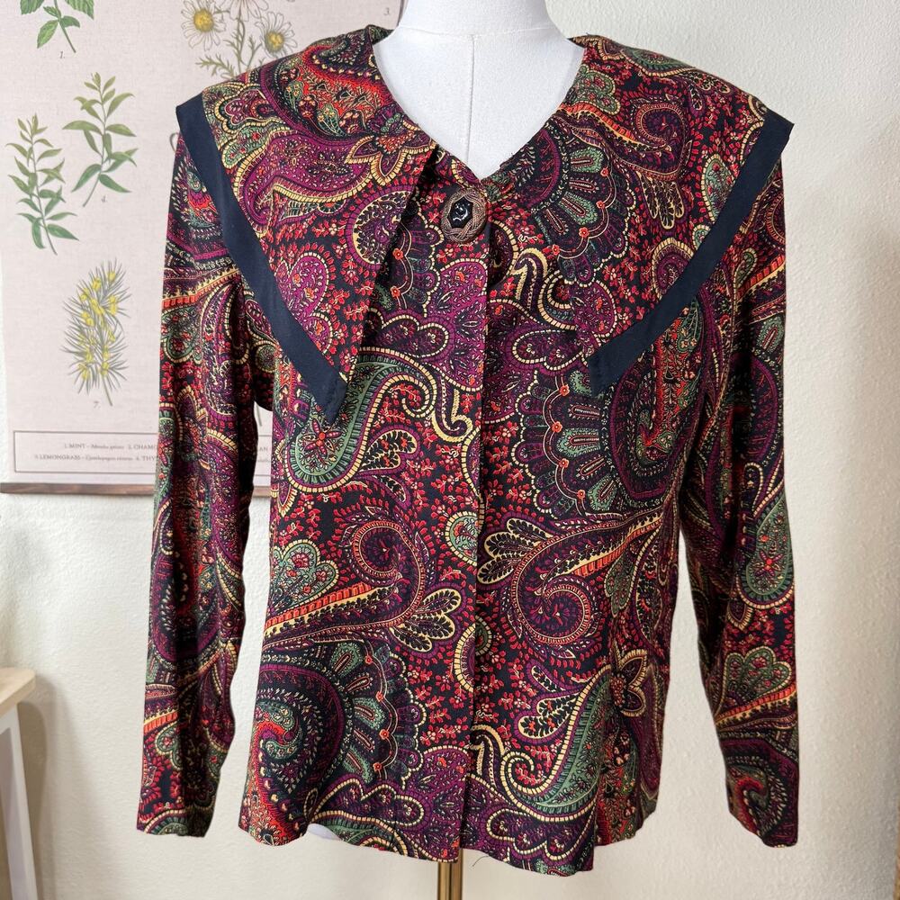 Vtg 80s 90s Paisley Collared Button Up Shirt Whimsigoth Witchy Dark Romantic S M